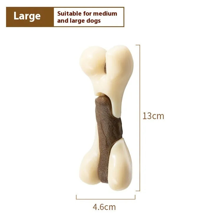 Cowhide and nylon bone grinding rod dog chewing toy shown in small and large size options