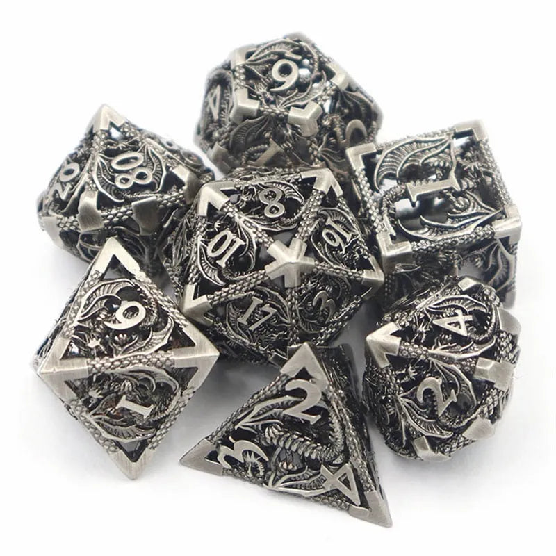 Seven-piece hollow pure copper electroplated dice set for DND and tabletop games in multi-colour options