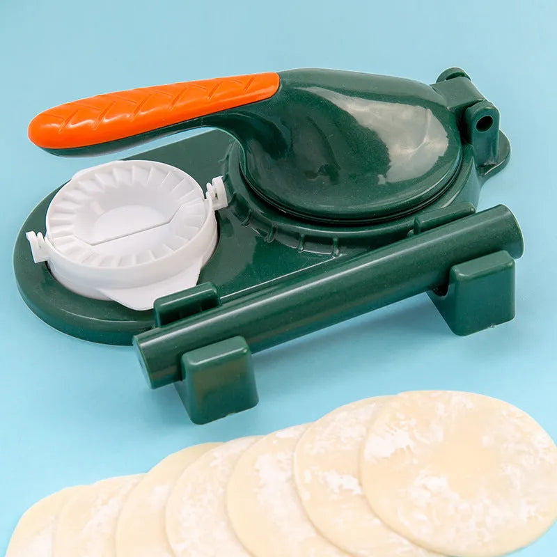 3 in 1 plastic dumpling maker set with two dumpling props and white rolling pin in orange, green, white or pink