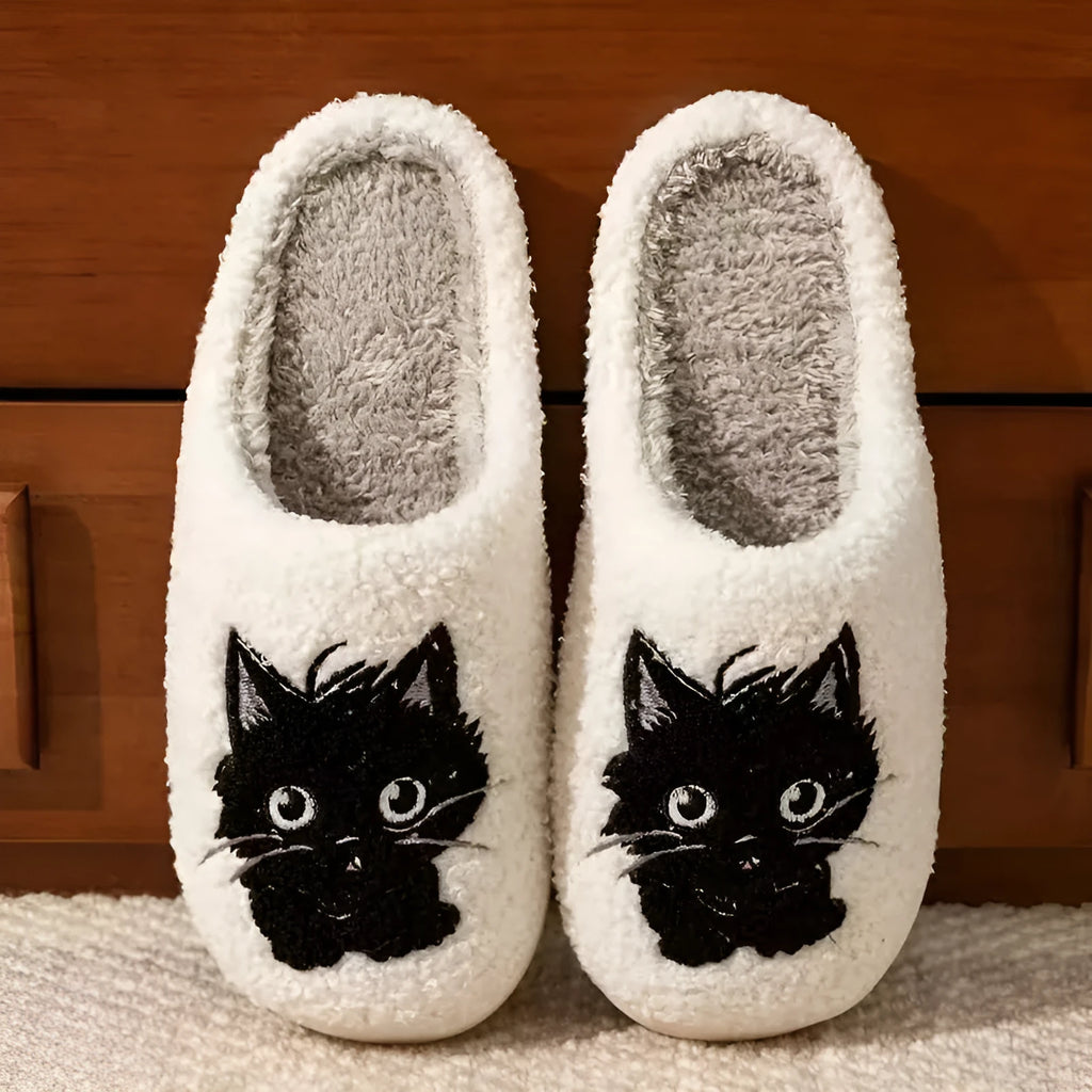 White plush cotton slippers with black beard cat couple cartoon design for indoor home use