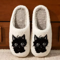 White plush cotton slippers with black beard cat couple cartoon design for indoor home use
