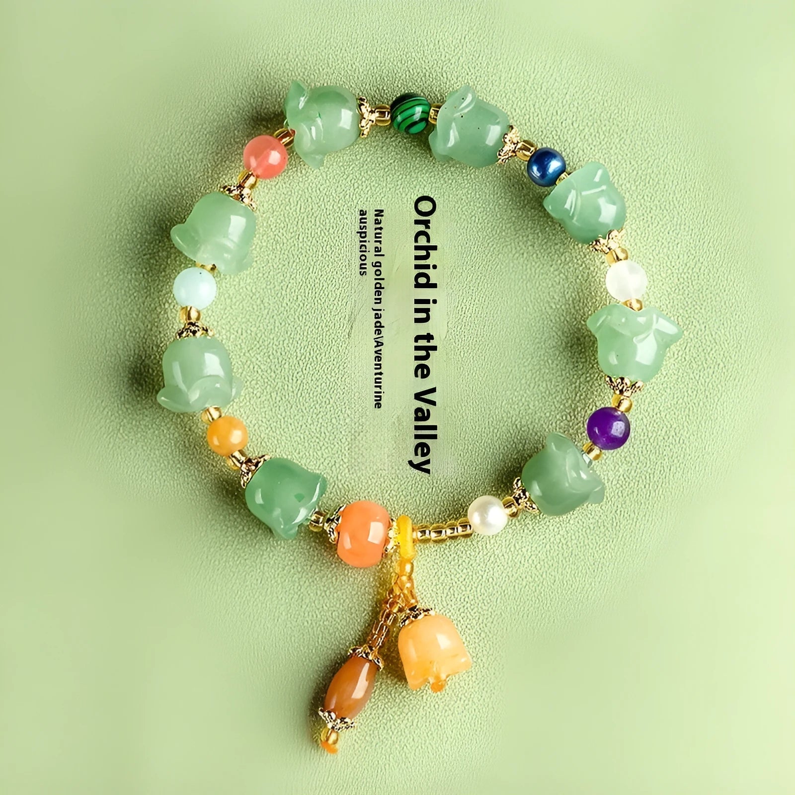 Natural Xinjiang Jinsi Jade aventurine orchid bracelet with carved orchid beads for women's wrists 14-18cm