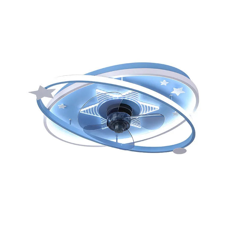 Modern simple blue children's bedroom ceiling fan light with acrylic shade and remote control.