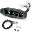 Black motorcycle mini speedometer with LCD display, adjustable oil gauge, and dimensions 141x45mm