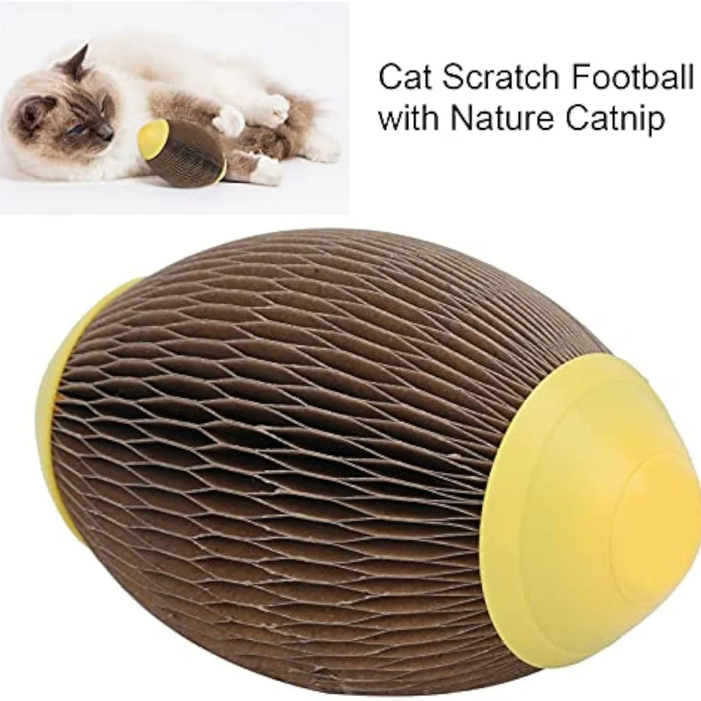 Elliptical catnip ball toy made of recycled corrugated paper, 65mm by 108mm, for scratching and play