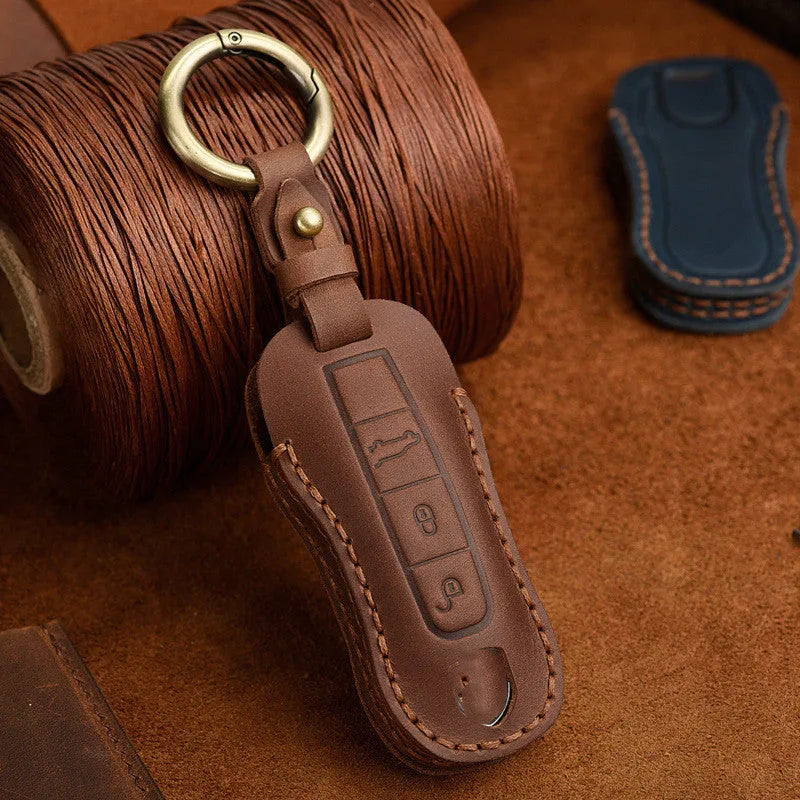 Porsche key cover in blue or brown cowhide leather with retro bag buckle for 3 or 4 keys
