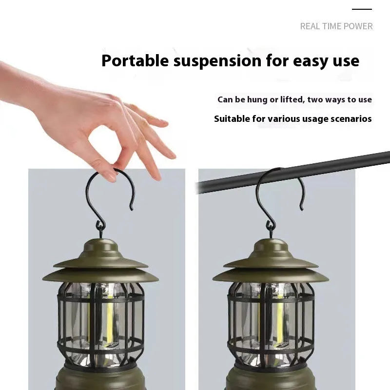 Portable camping lantern measuring 16.6 cm height in dark green, black, and red colours with multiple power options