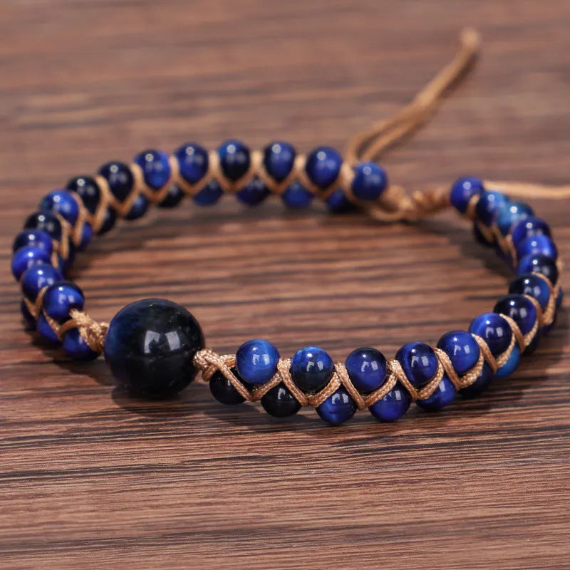 Hand-woven pull bracelet with genuine stone beads in geometry pattern, adjustable 15-20cm fit