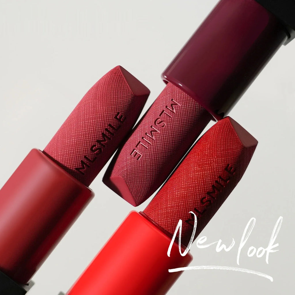 MLSMILE embossed lipstick three-piece set in box showing three 3.6g lipsticks with natural moisturising formula