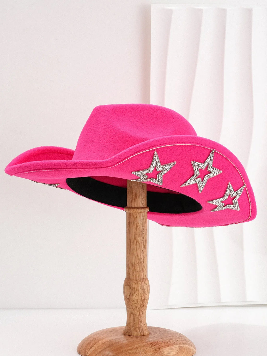 Woolen felt western denim top hat with hexagonal star in beige, black, rose red, white, light pink, or brown, conical crown style