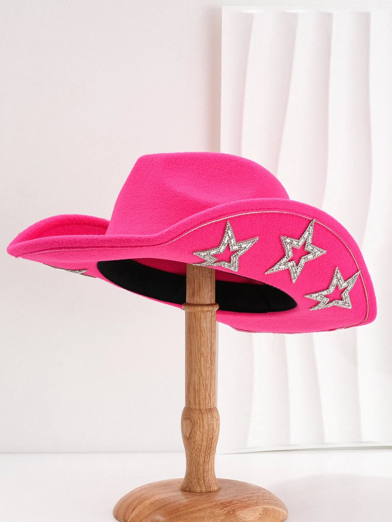 Woolen felt western denim top hat with hexagonal star in beige, black, rose red, white, light pink, or brown, conical crown style