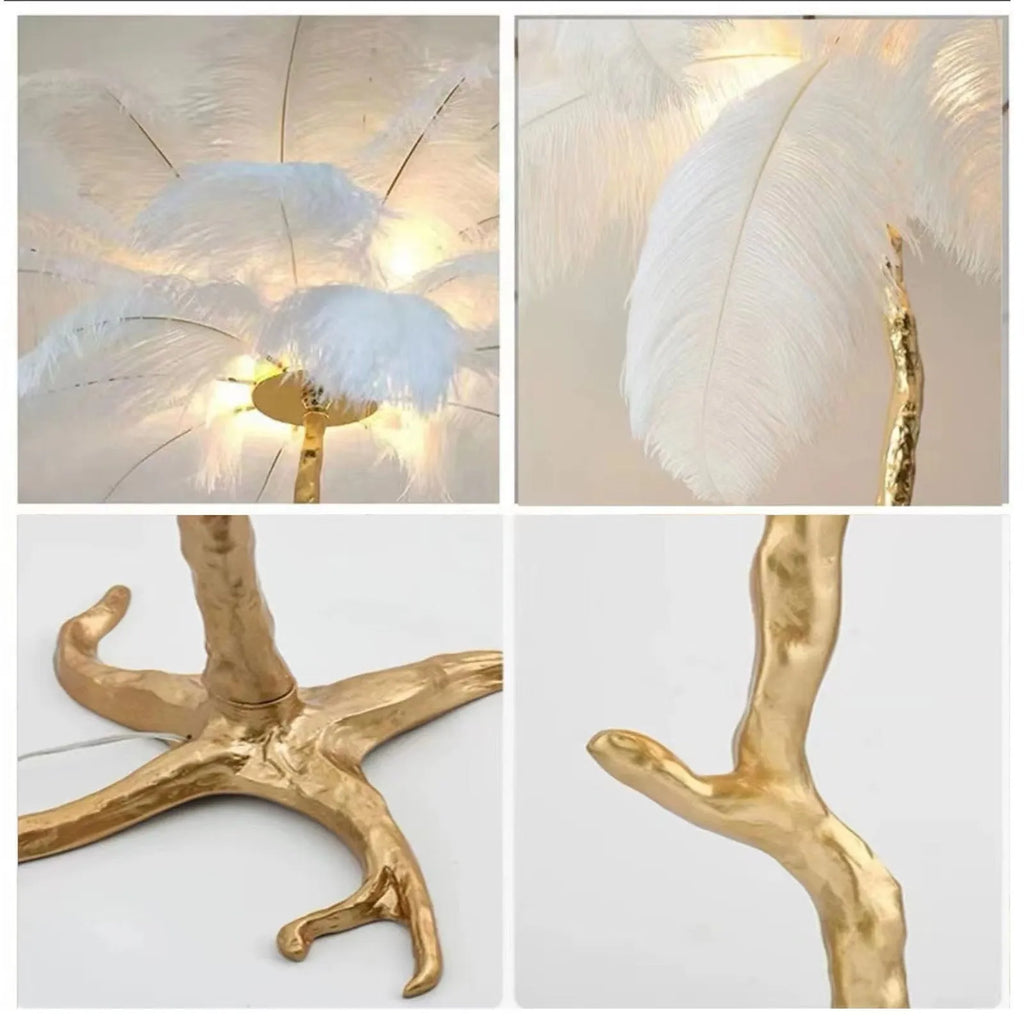 Decorative resin feather floor lamp standing 170cm tall with 32 individual feathers in choice of colours