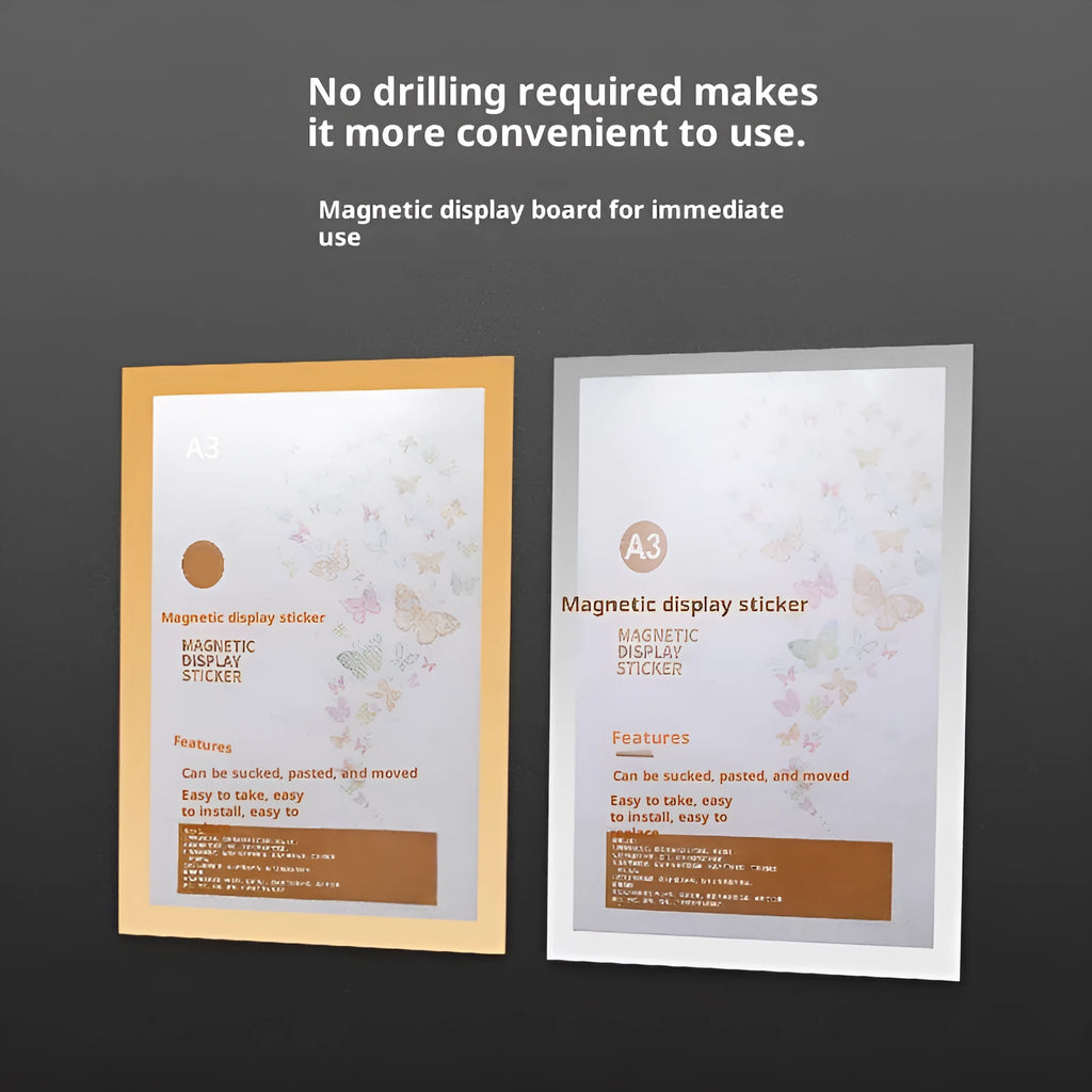 Magnetic PVC photo frame in rectangular shape, shown in black colour, for wall display of A4 print.