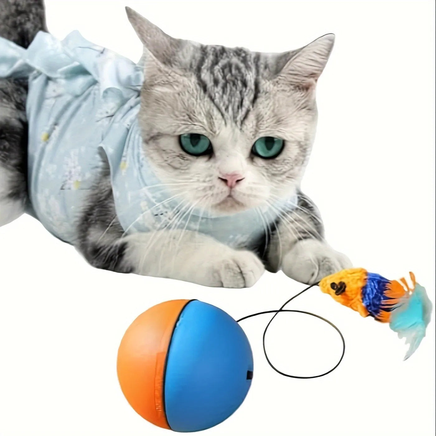 Interactive cat toy with orange rotating ball on grey plush mouse base, showing 8.5cm diameter