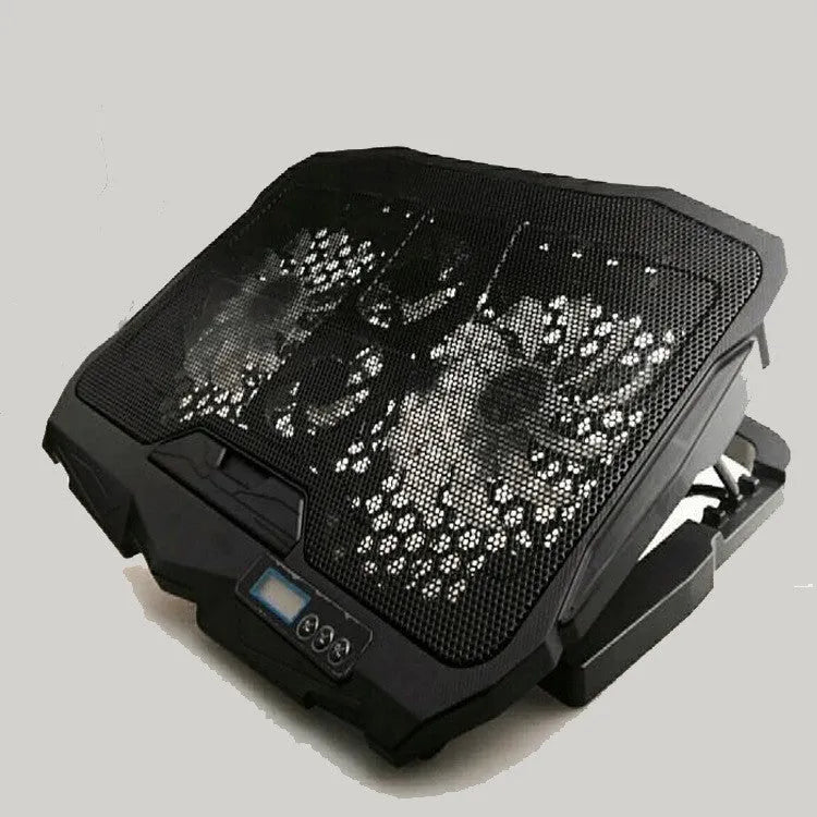 Black laptop cooling stand with copper heat sink, four heat pipes and dual USB ports