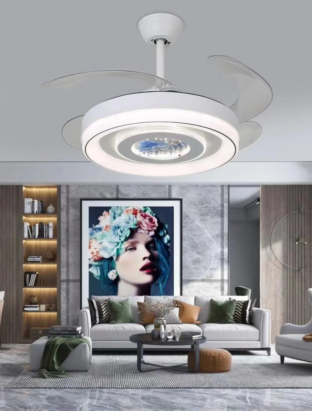 Nordic-style ceiling fan light with integrated light fixture and ABS plastic blades, shown in a modern room setting.