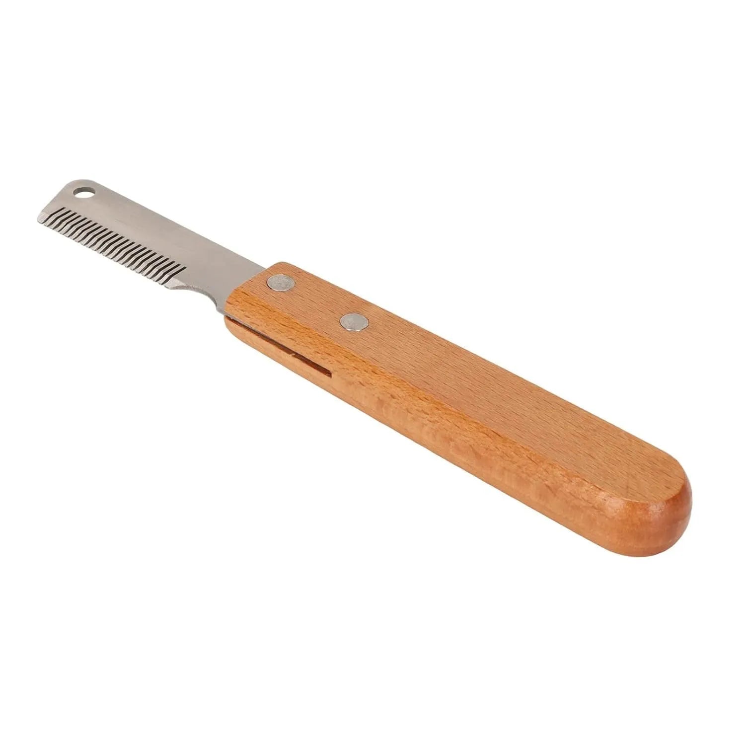 Pet stripping comb with wooden handle for grooming cats and dogs, removes floating hair and tangles.