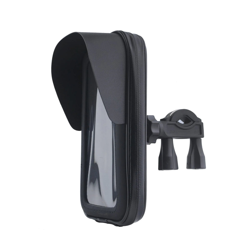Waterproof cycling phone bag mounted on bicycle handlebar with clear window showing phone screen