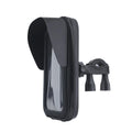 Waterproof cycling phone bag mounted on bicycle handlebar with clear window showing phone screen