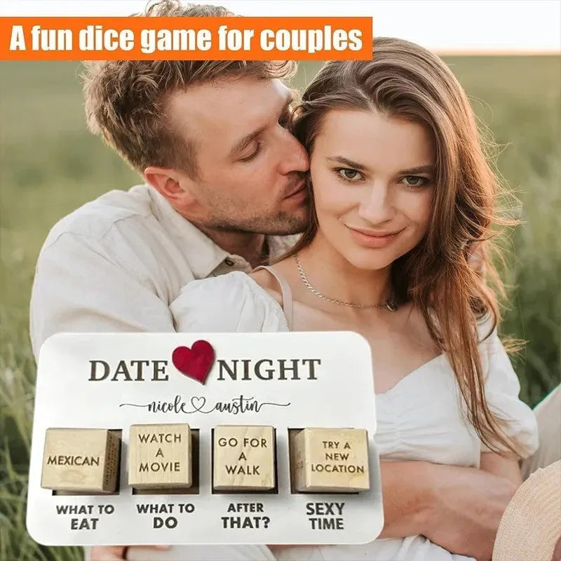 Wooden date night dice set with five dice, date planner board, and black storage bag
