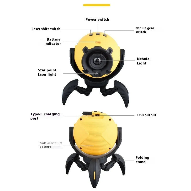 Dynamic starlight projector ambience light in black, blue, or yellow, 34.5 x 22.3 x 16.5 cm, with built-in battery.