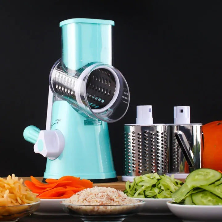 Manual round mandoline slicer vegetable cutter with stainless steel blades in blue colour