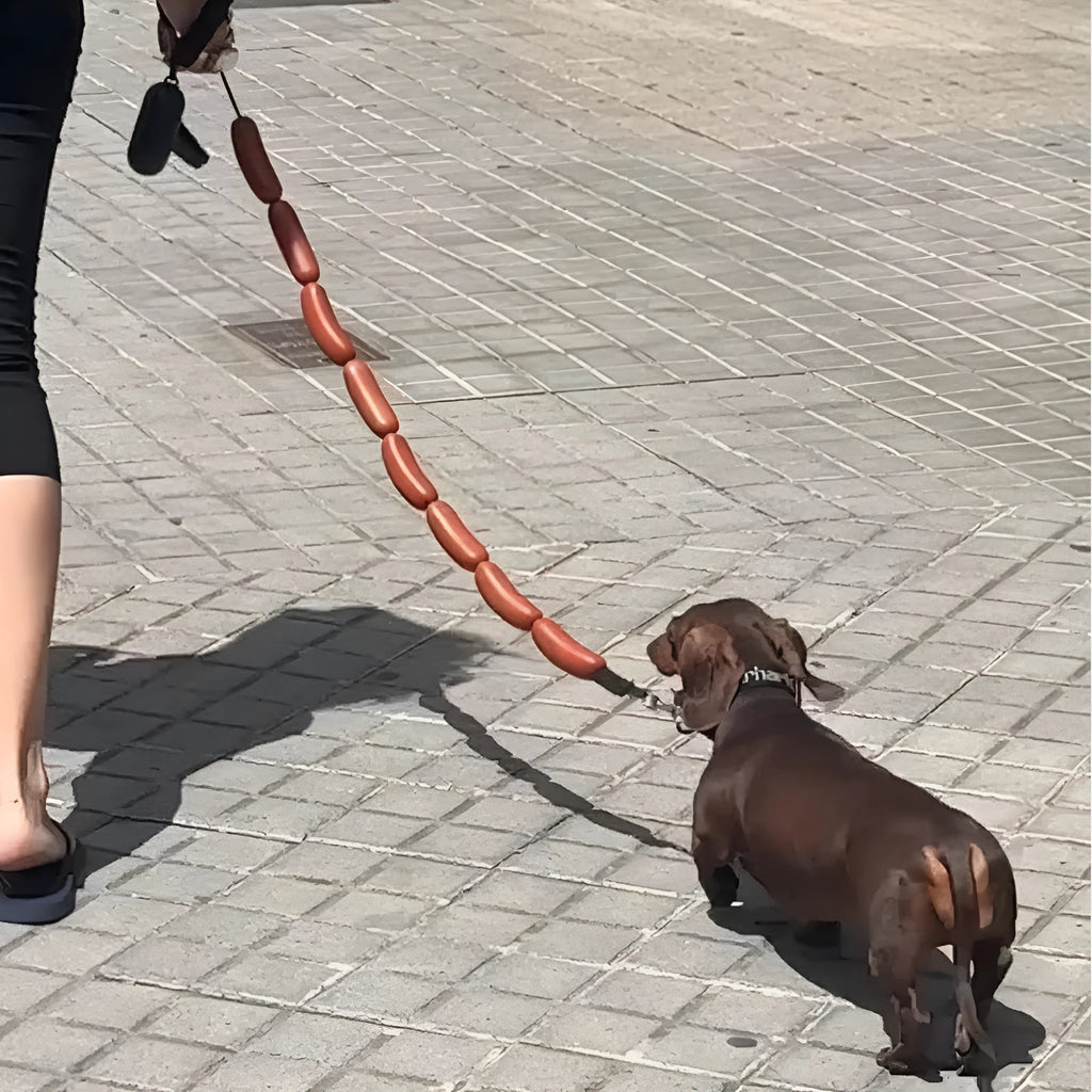 Brown pet hand rope toy with sausage segments, total length 108cm, for cats and dogs.