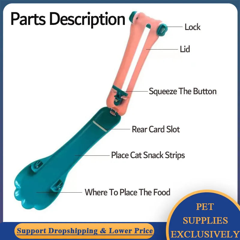 Green and pink pet feed spoon with extrusion design for dispensing cat treats and liquid food