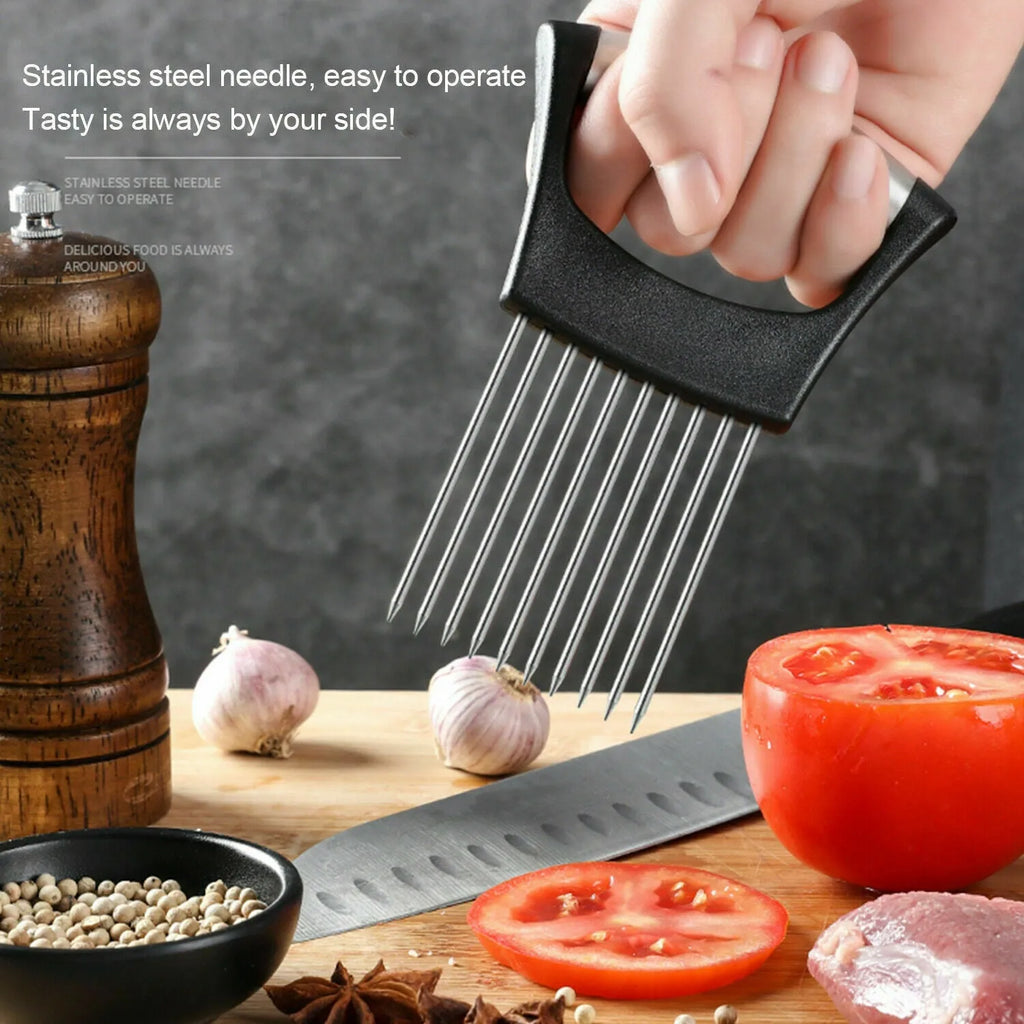 Stainless steel onion holder slicer with ABS base, measuring 14cm by 9.5cm, for secure food cutting