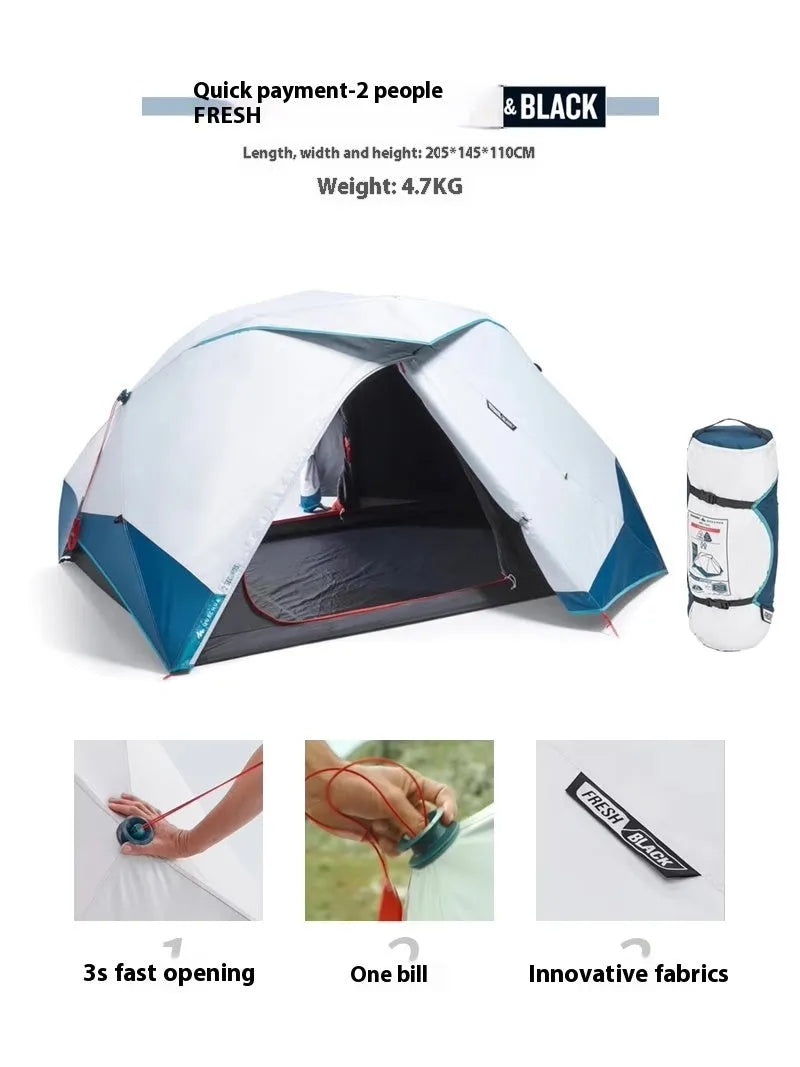 Blue and white two-person camping tent with rainfly, FRP poles, and 200x190x121cm expanded size