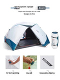 Blue and white two-person camping tent with rainfly, FRP poles, and 200x190x121cm expanded size