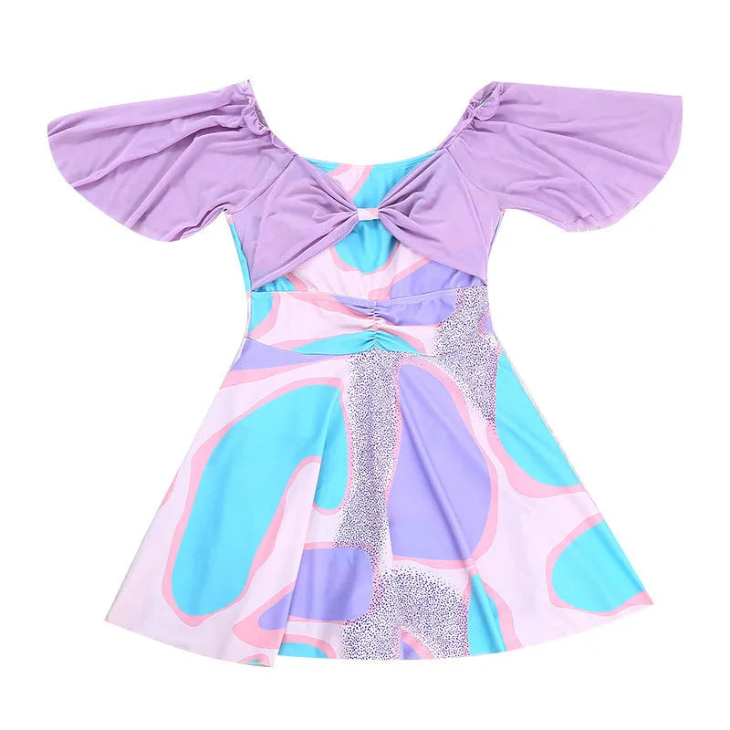Light purple floral women's one-piece skirted swimsuit with high waist design
