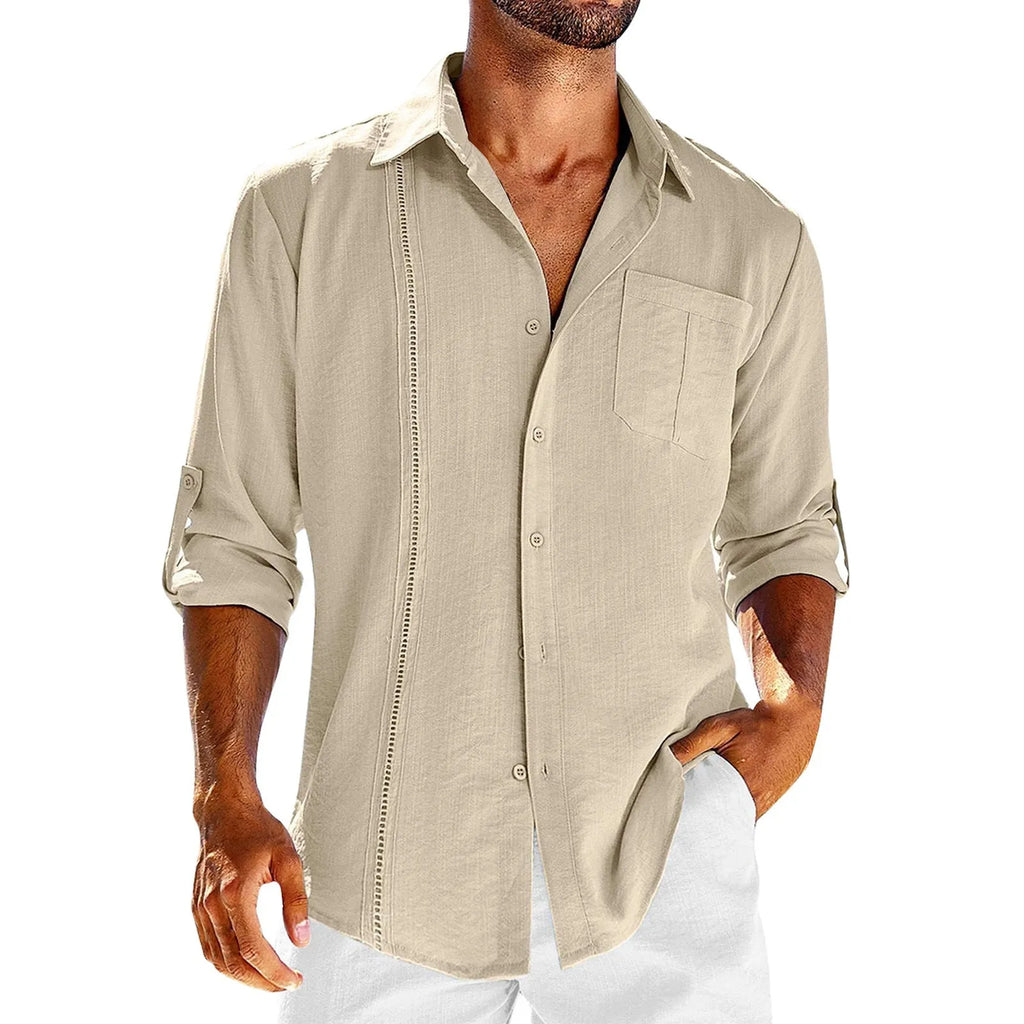 Men's grey cotton blend long sleeve casual shirt with a polo collar featuring lace detail and a chest pocket.