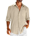 Men's grey cotton blend long sleeve casual shirt with a polo collar featuring lace detail and a chest pocket.