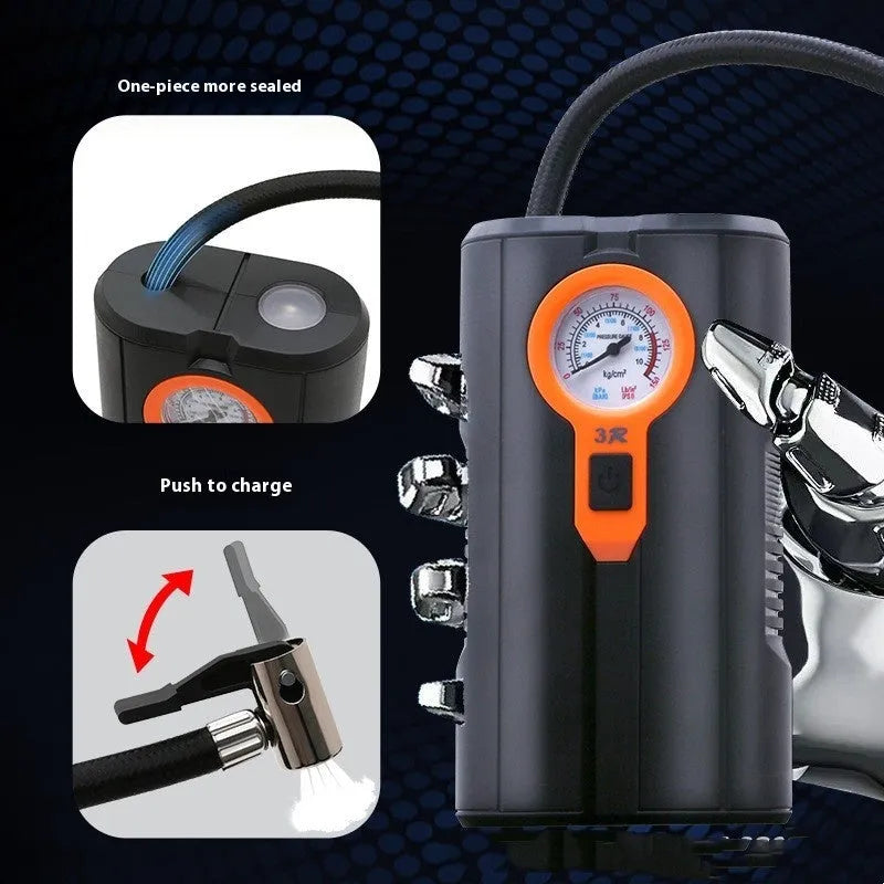 Portable car tyre inflator with digital display, integrated air pump, ABS and metal body, air nozzle and power cord