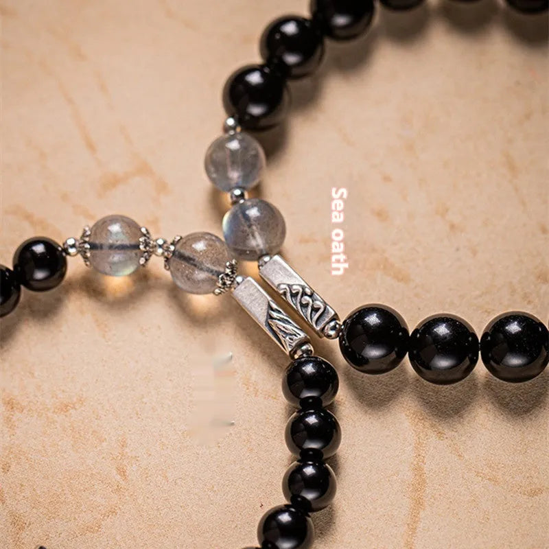 Obsidian Buddha beads couple bracelet with 8mm and 10mm natural stone beads in national style design for DIY assembly