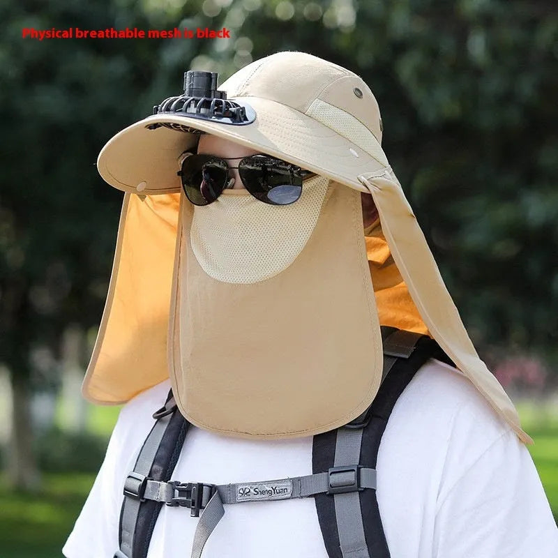 Men's khaki sun protection hat with USB fan and attached neck covering shawl for outdoor use