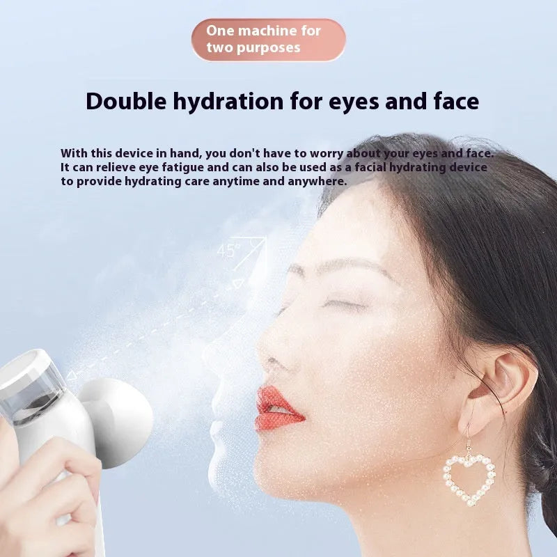 White portable eye therapy device with attached eye mask, showing USB-C charging port and temperature control buttons