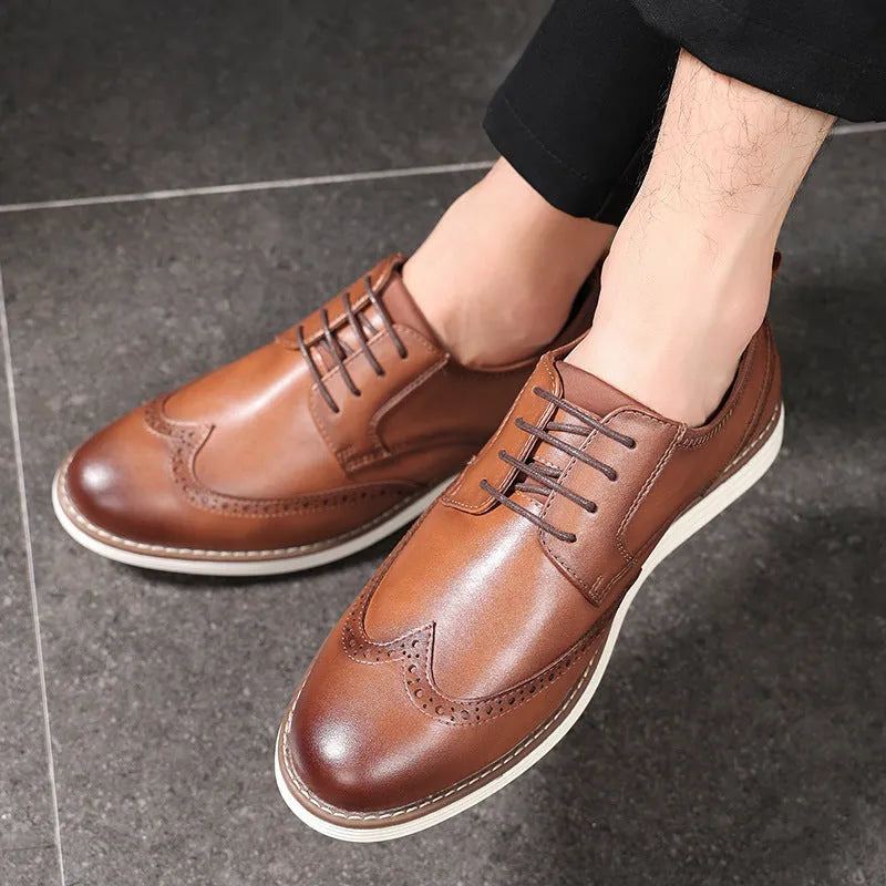 Men's black slip-on business casual shoes with round toe and low-top PU upper.