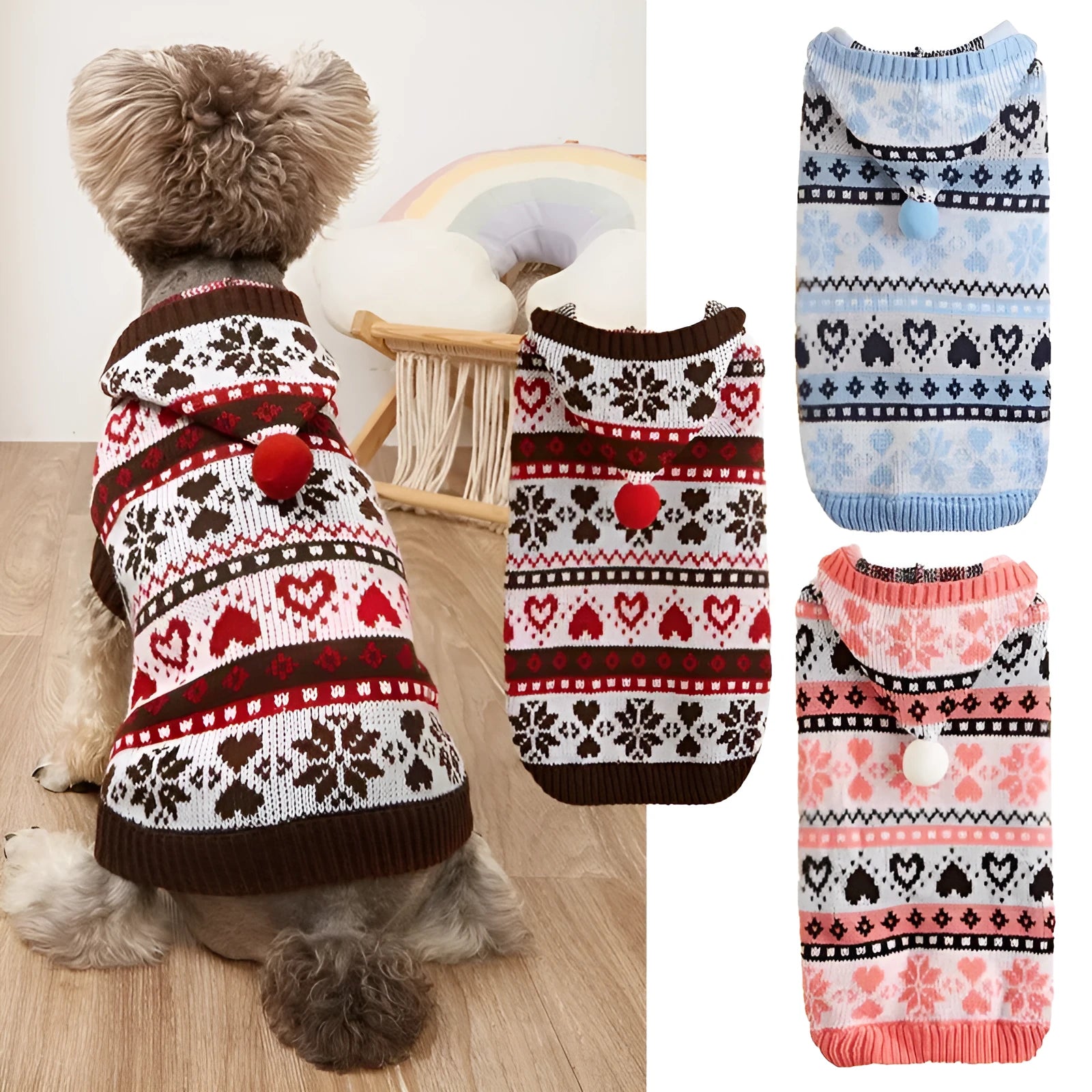 Pink blue grey acrylic dog sweater with snowflake striped camouflage knit pattern for Bardo Bichon pets