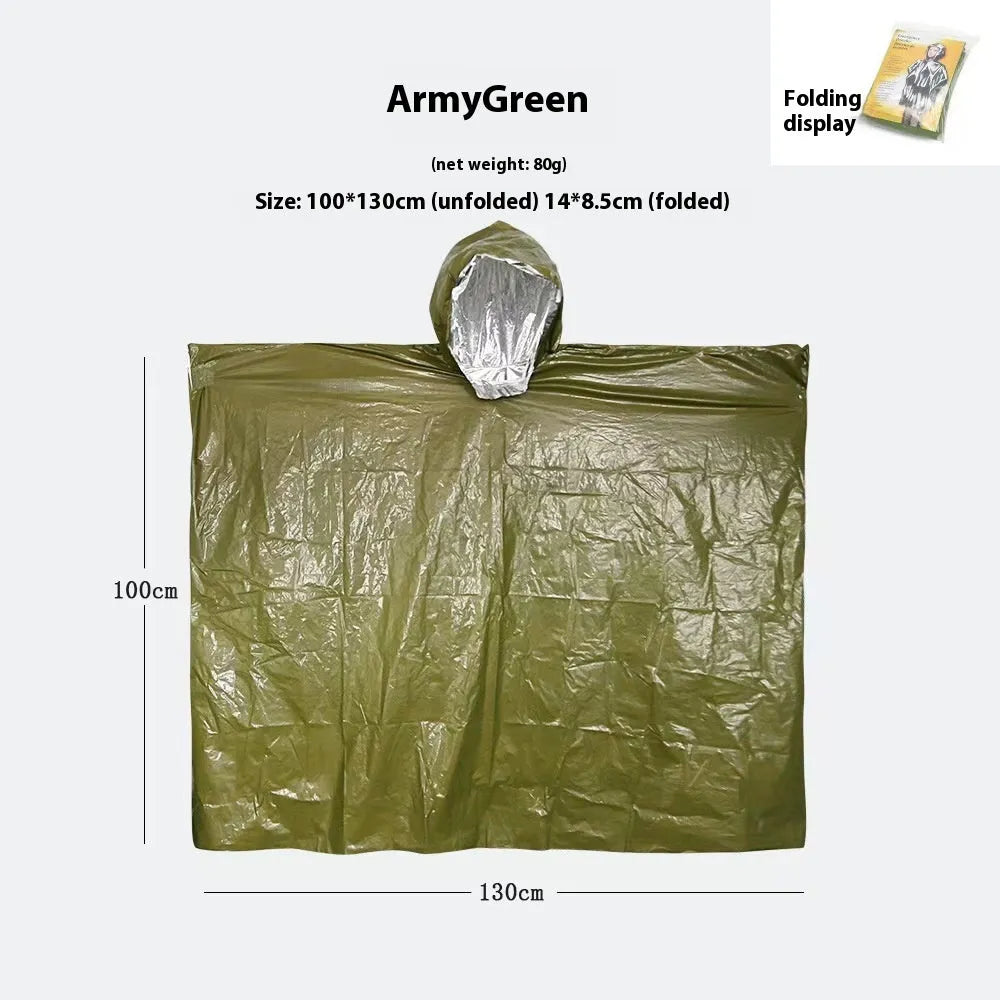 Marathon Wild Cross-country Multifunctional Raincoat in orange or army green colour, showing 100x130cm dimensions and waterproof construction