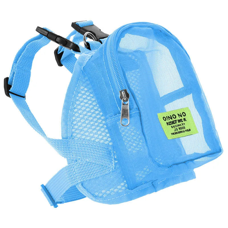 Solid colour breathable polyester dog backpack with a zipped main compartment and lead attachment strap.