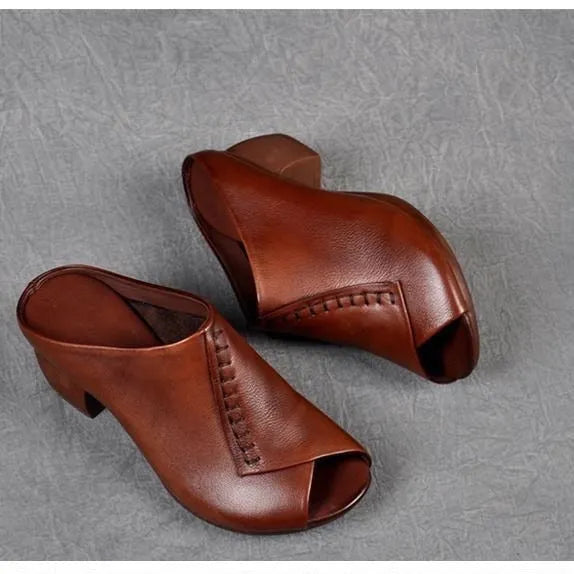 Women's black square heel peep-toe slippers with PU upper and rubber sole