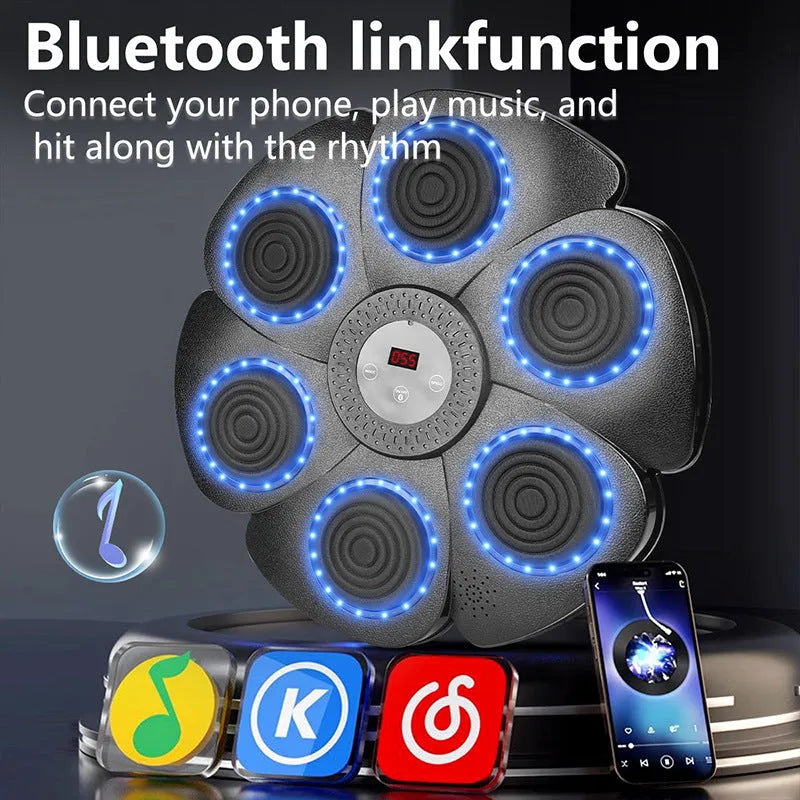 Black smart boxing target mounted on wall with Bluetooth connectivity and light feedback system