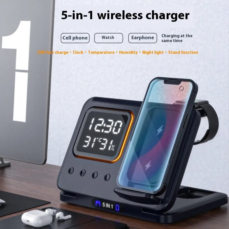 Black and white wireless charging stand with digital clock displaying time and temperature, charging a phone and smartwatch.