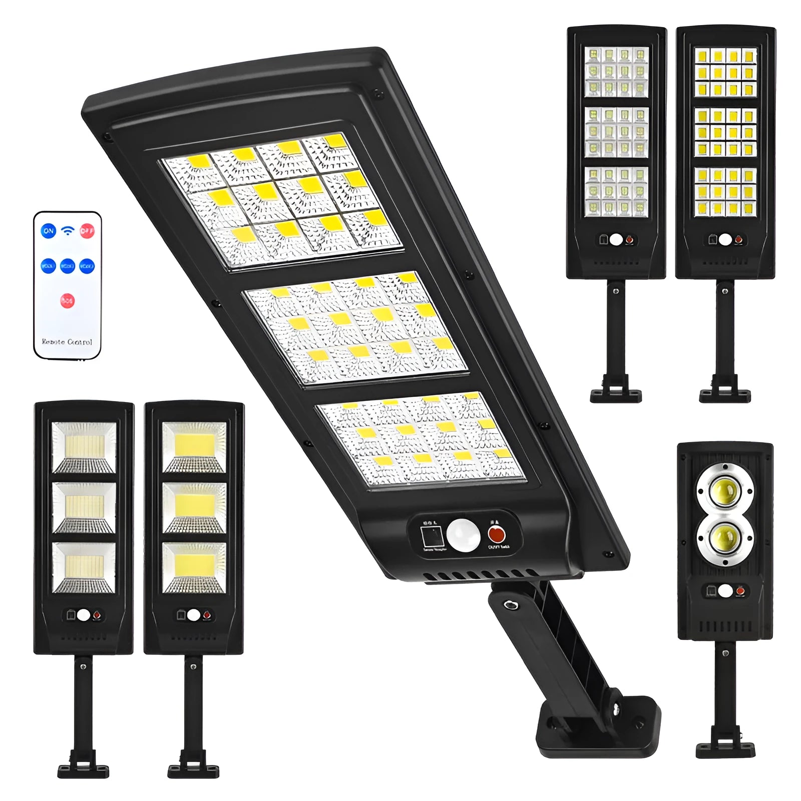 Plastic solar-powered remote control street light with LED panel for wall or garden mounting.
