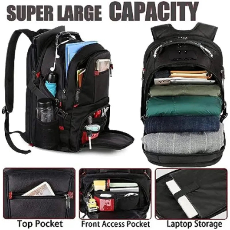 Large unisex USB charging backpack in black, showing front design and curved shoulder straps.