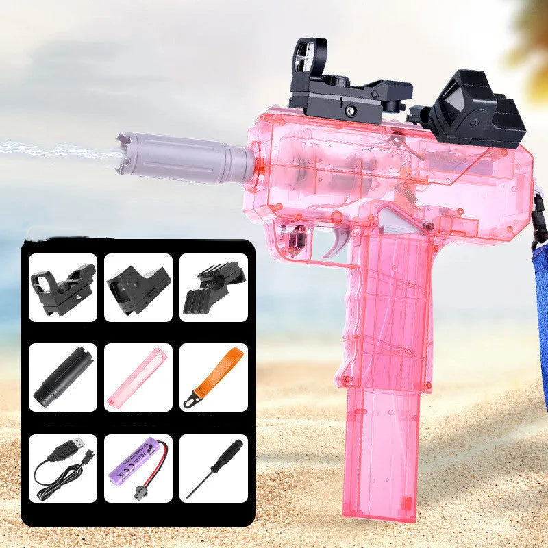Transparent electric water gun toy showing internal components with accessories
