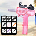 Transparent electric water gun toy showing internal components with accessories