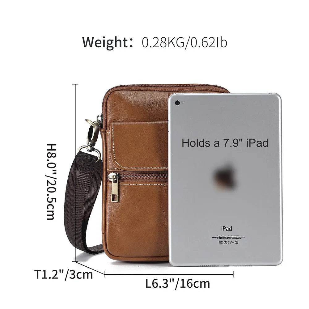 Men's brown genuine leather crossbody shoulder bag with a solid colour design.